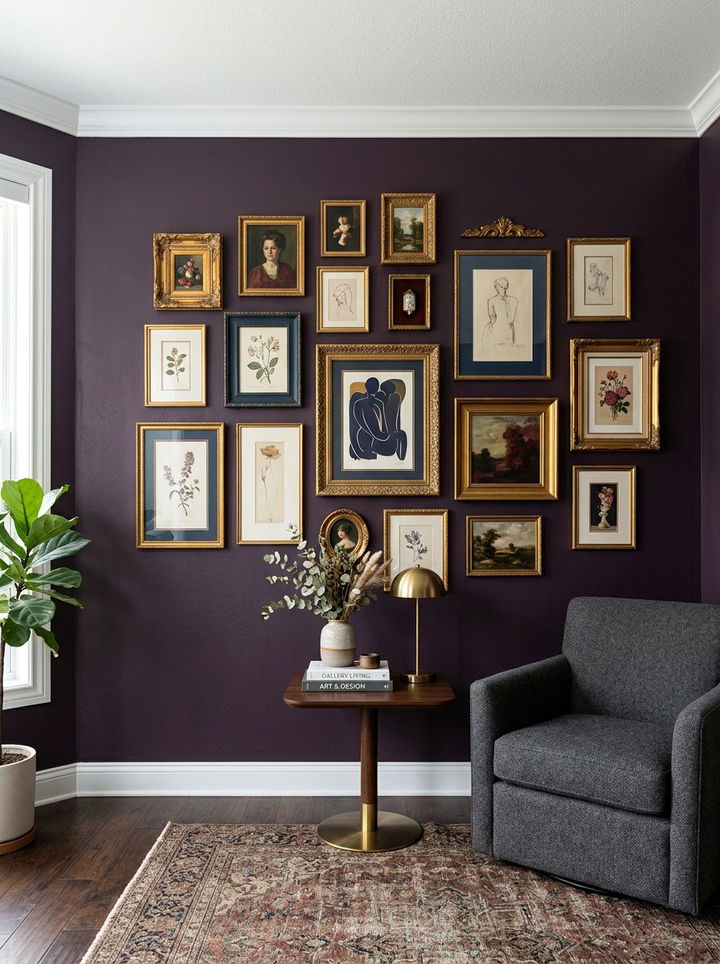 Dark purple gallery wall - 30 deep purple bedroom ideas