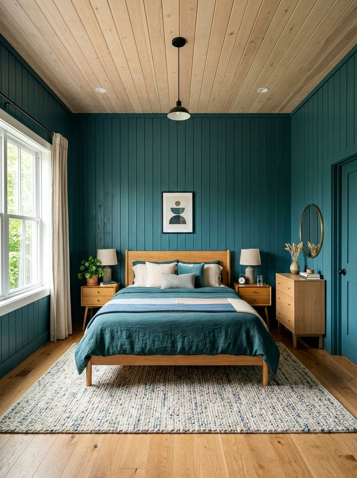 Dark teal wood paneling bedroom - 30 rustic teal bedroom ideas