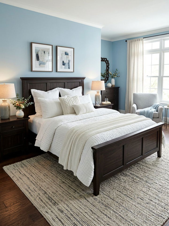 Dark wood bed white bedding - 30 espresso bedroom ideas