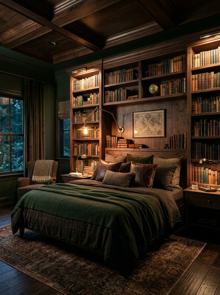 Dark wood library headboard - 30 bedroom bookcase headboards