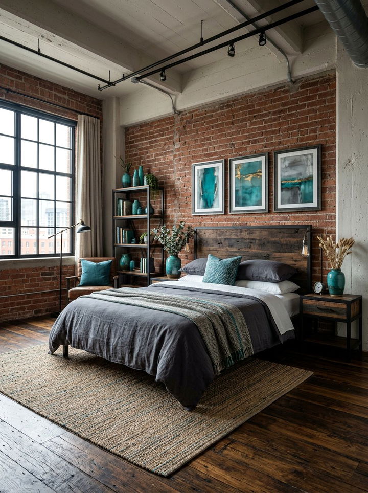 Dark wood teal industrial bedroom - 30 industrial teal bedroom ideas