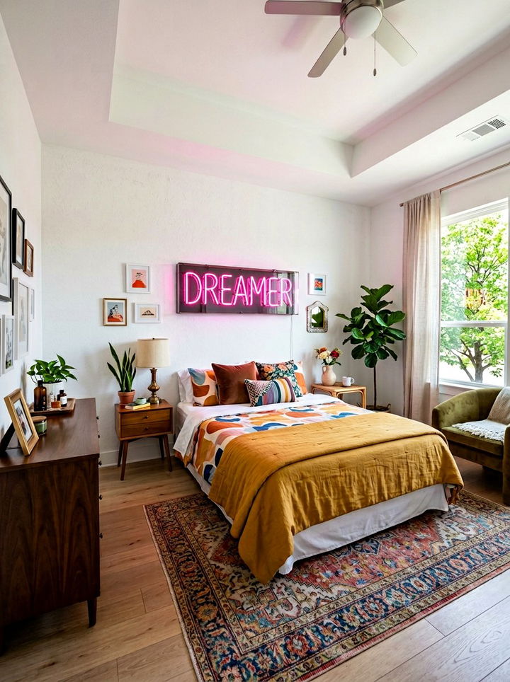 Decorative Neon Wall Sign - 30 bedroom layered lighting ideas