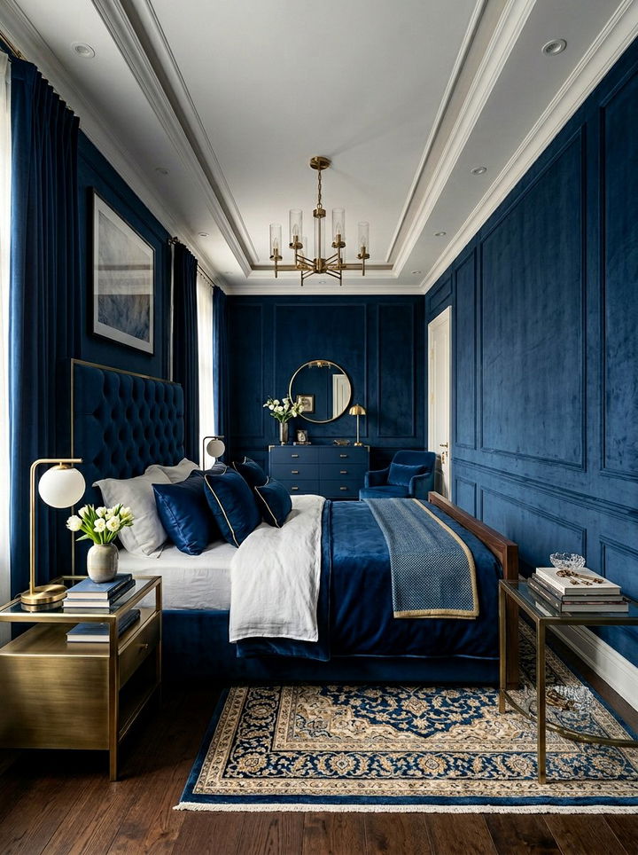 Deep Blue Velvet Bedroom - 30 contemporary blue bedroom ideas