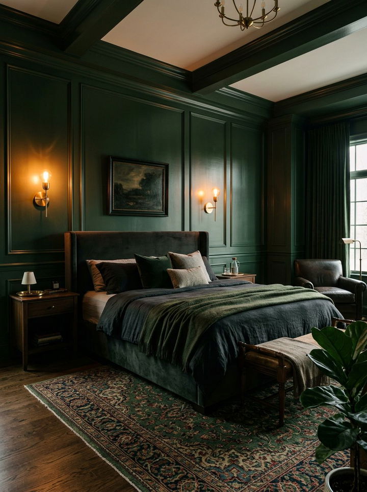 Deep Green Paneling Gold Sconces - 30 green and gold bedroom color combo