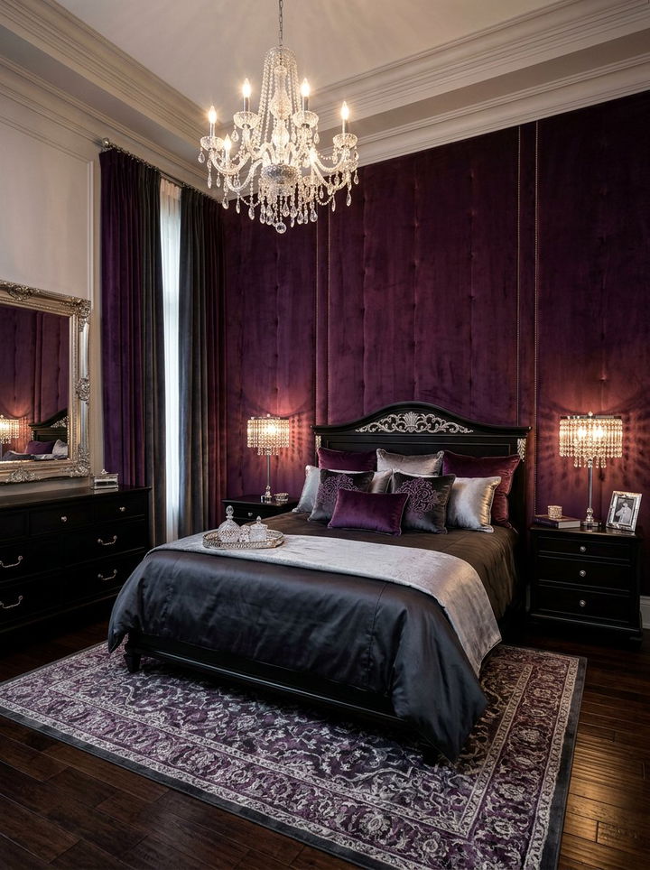 Deep Purple Suede Wall - 30 suede bedroom ideas