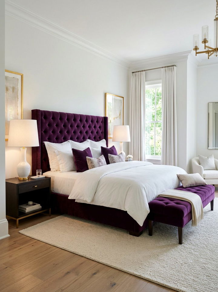 Deep Purple Velvet Headboard - 30 purple and white bedroom ideas