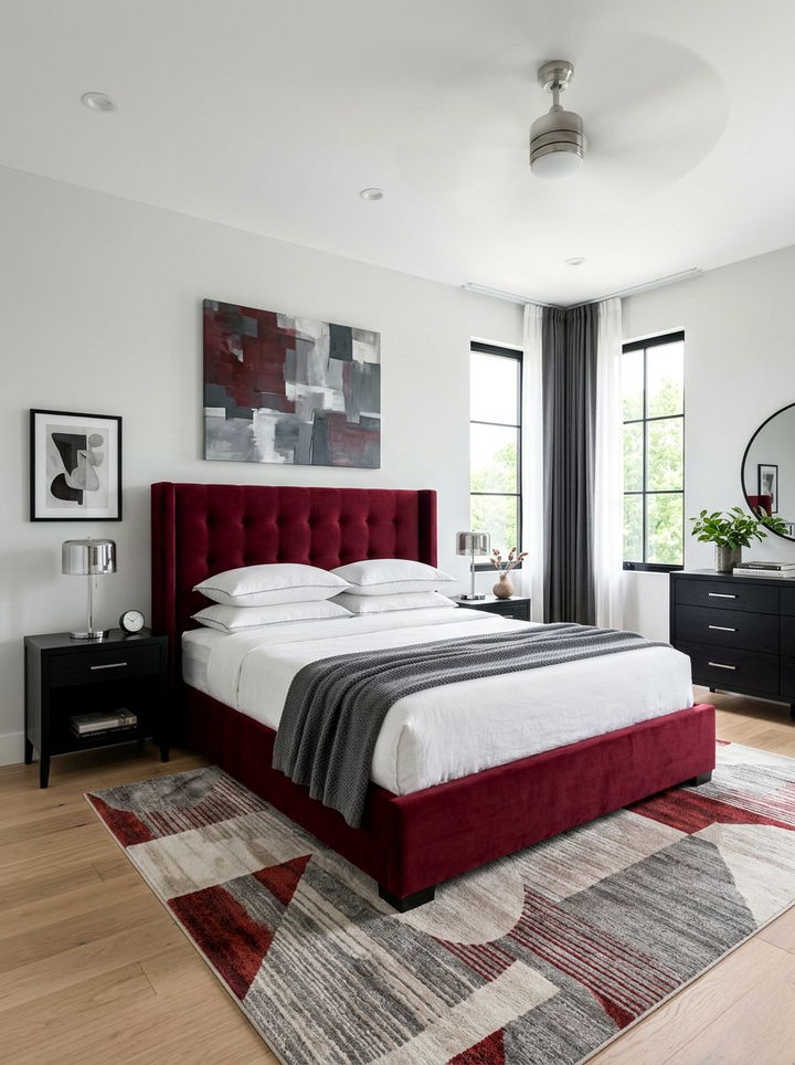 Deep Red Upholstered Bed - 30 burgundy bedroom ideas