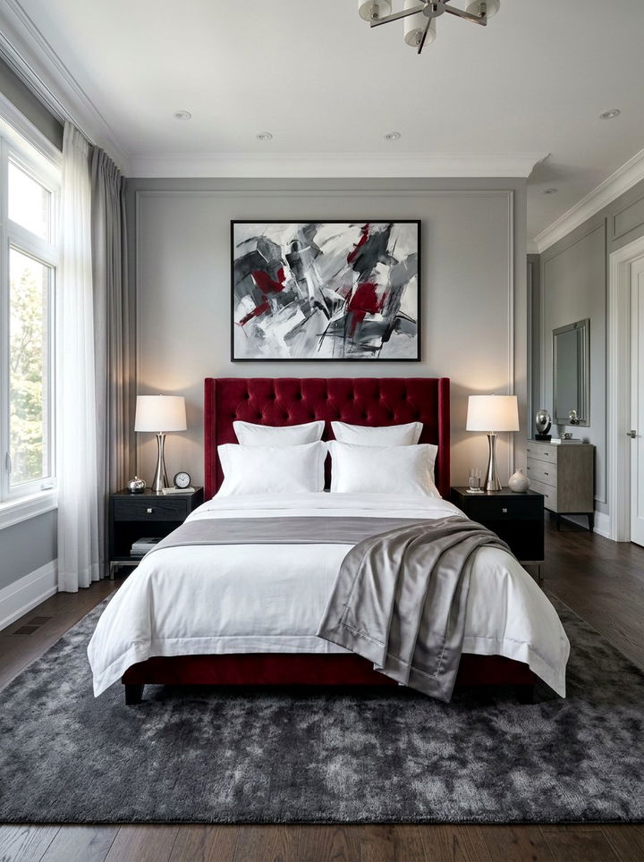 Deep Red Velvet Headboard - 30 burgundy bedroom ideas