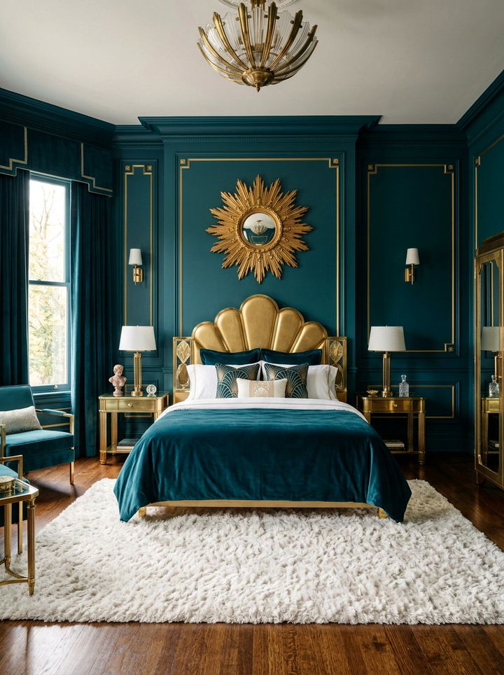 Deep Teal Art Deco Bedroom - 30 rich color bedroom ideas