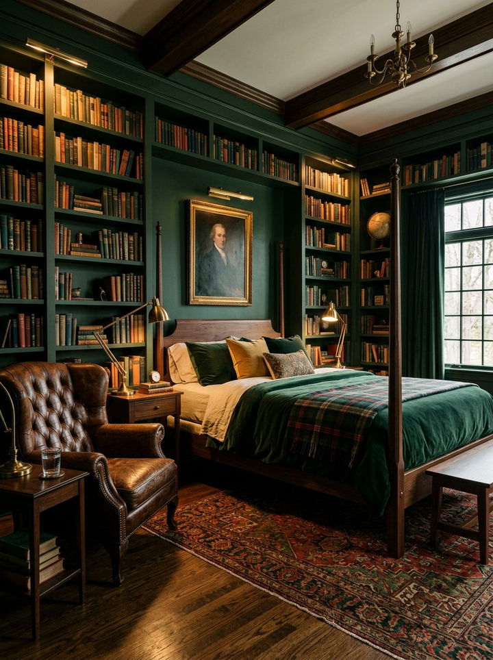 Deep green library style bedroom - 30 traditional green bedroom ideas