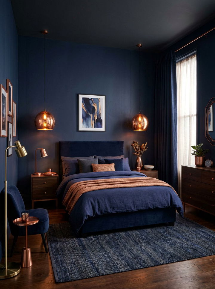 Deep indigo and copper bedroom - 30 sunset inspired bedroom color ideas