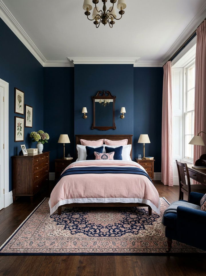 Deep navy and crepe pink bedroom - 30 pink and blue bedroom color combo