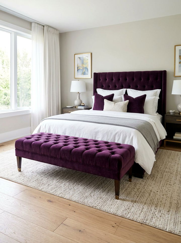 Deep purple upholstered bench - 30 deep purple bedroom ideas