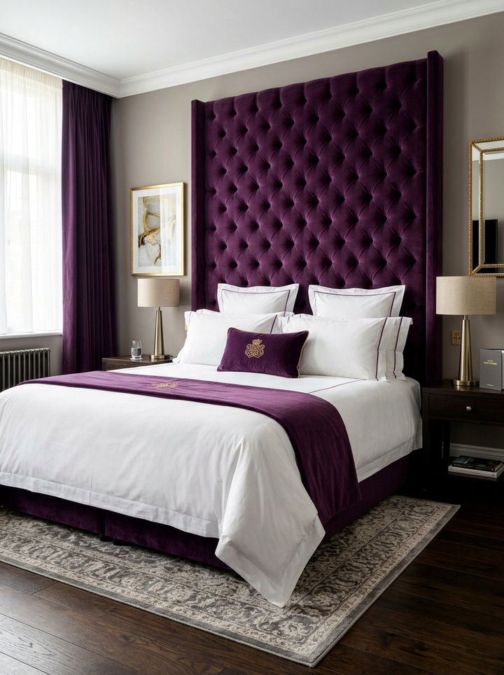 Deep purple velvet headboard - 30 deep purple bedroom ideas