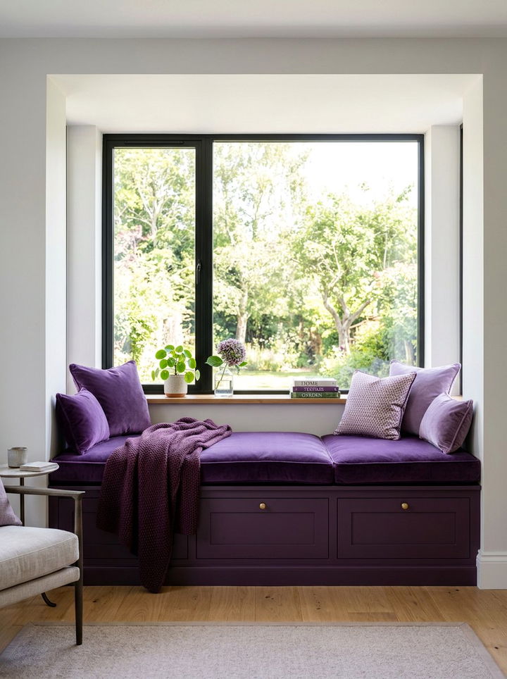 Deep purple window seat - 30 deep purple bedroom ideas