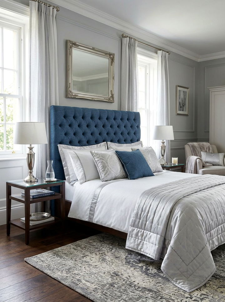 Denim Blue Upholstered Headboard - 30 denim blue bedroom ideas