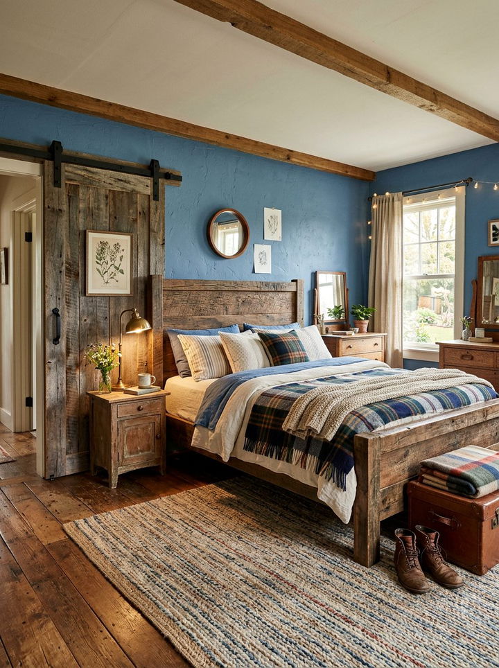 Denim blue and rustic wood bedroom - 30 blue and brown bedroom color combo