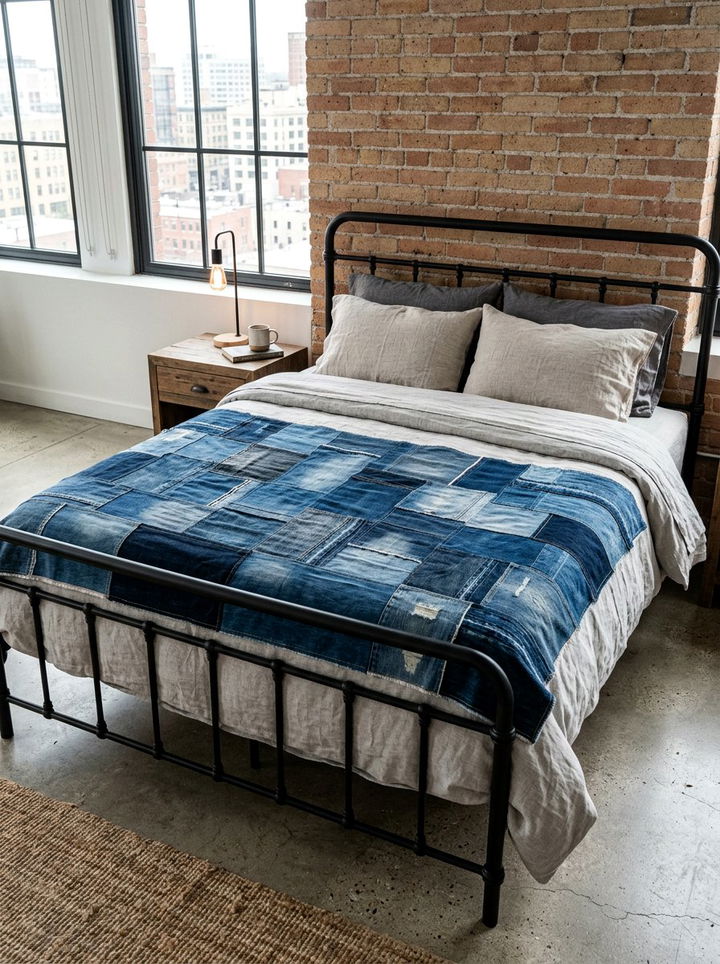 Denim patchwork throw - 30 patchwork bedroom ideas
