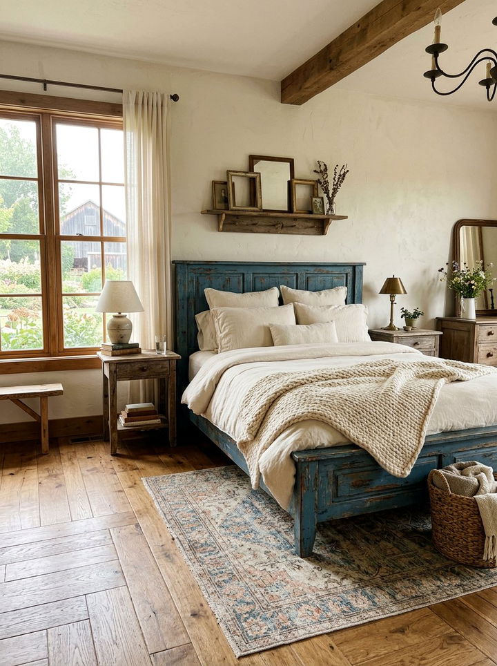 Distressed Blue Wood Bed Frame - 30 rustic blue bedroom ideas
