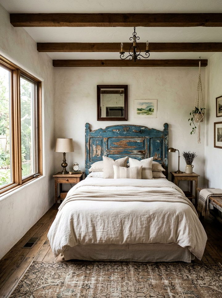 Distressed Blue Wood Headboard - 30 farmhouse blue bedroom ideas