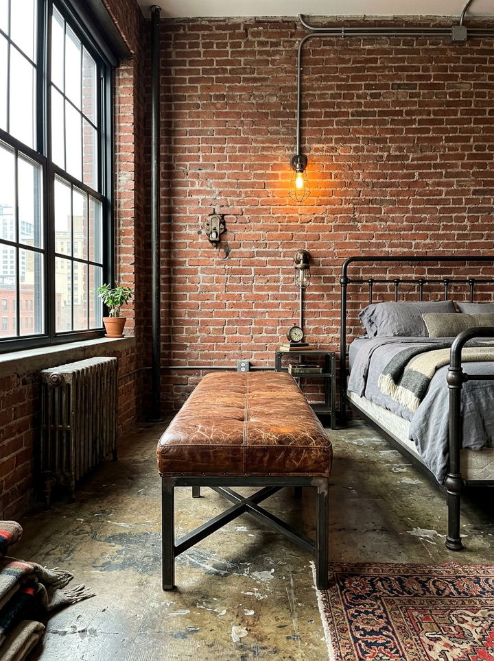 Distressed Leather Bench - 30 leather bedroom ideas