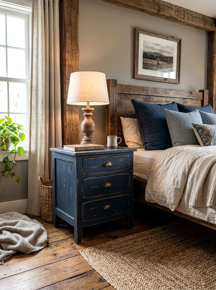 Distressed Navy Nightstand - 30 rustic blue bedroom ideas