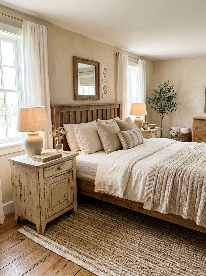 Distressed Nightstand - 30 farmhouse beige bedroom ideas