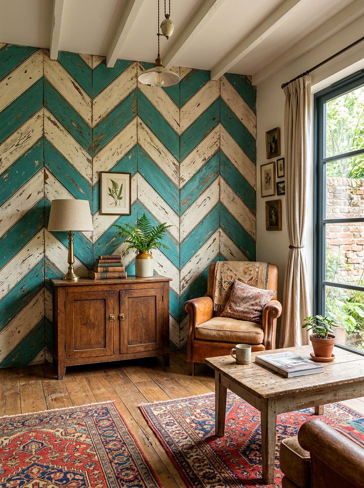 Distressed Teal Chevron Accent Wall - 30 bedroom chevron wall ideas