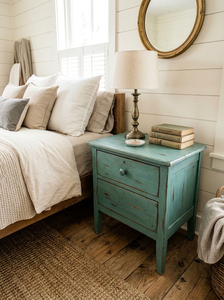 Distressed Teal Nightstand - 30 farmhouse teal bedroom ideas