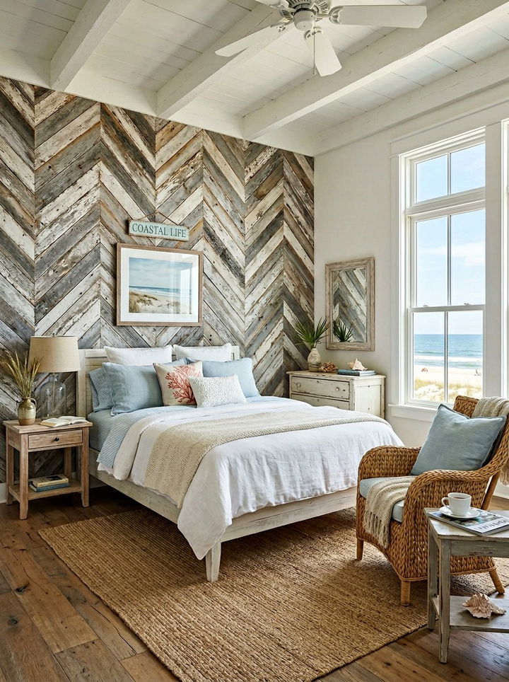 Distressed Wood Herringbone Wall - 30 bedroom herringbone wall ideas
