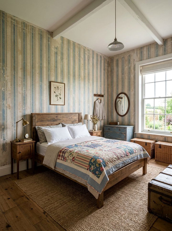 Distressed vintage striped wallpaper - 30 bedroom striped wall ideas