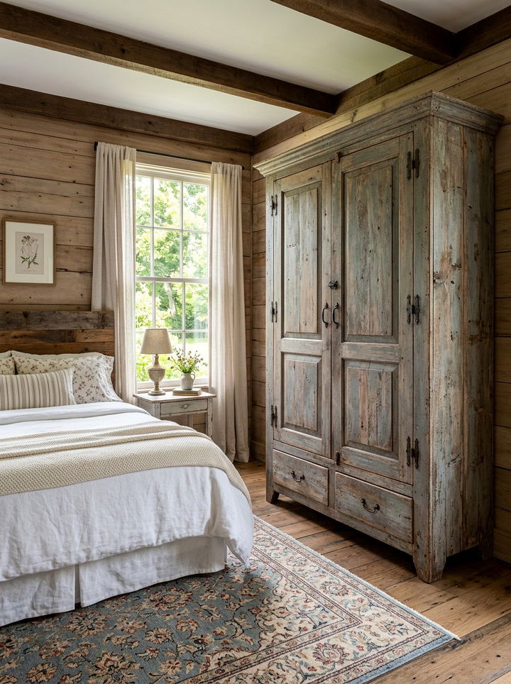 Distressed wood wardrobe - 30 cottage core bedroom ideas