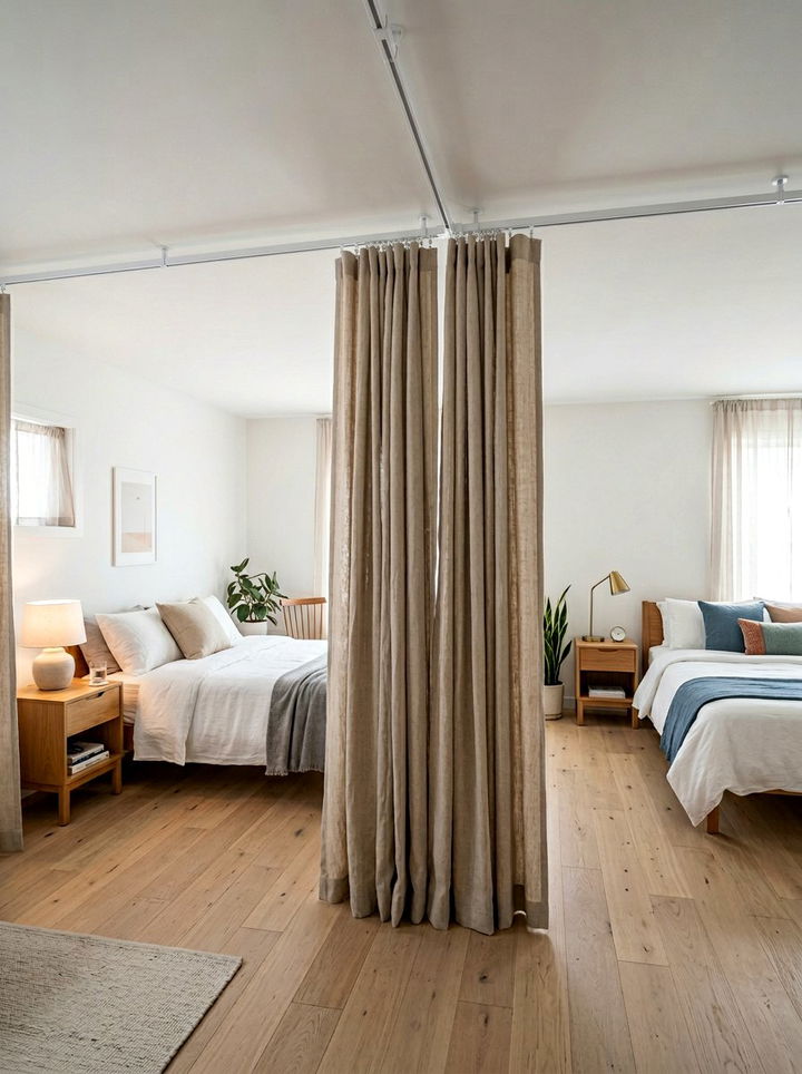 Divided Room With Curtains - 30 boy and girl shared bedroom ideas