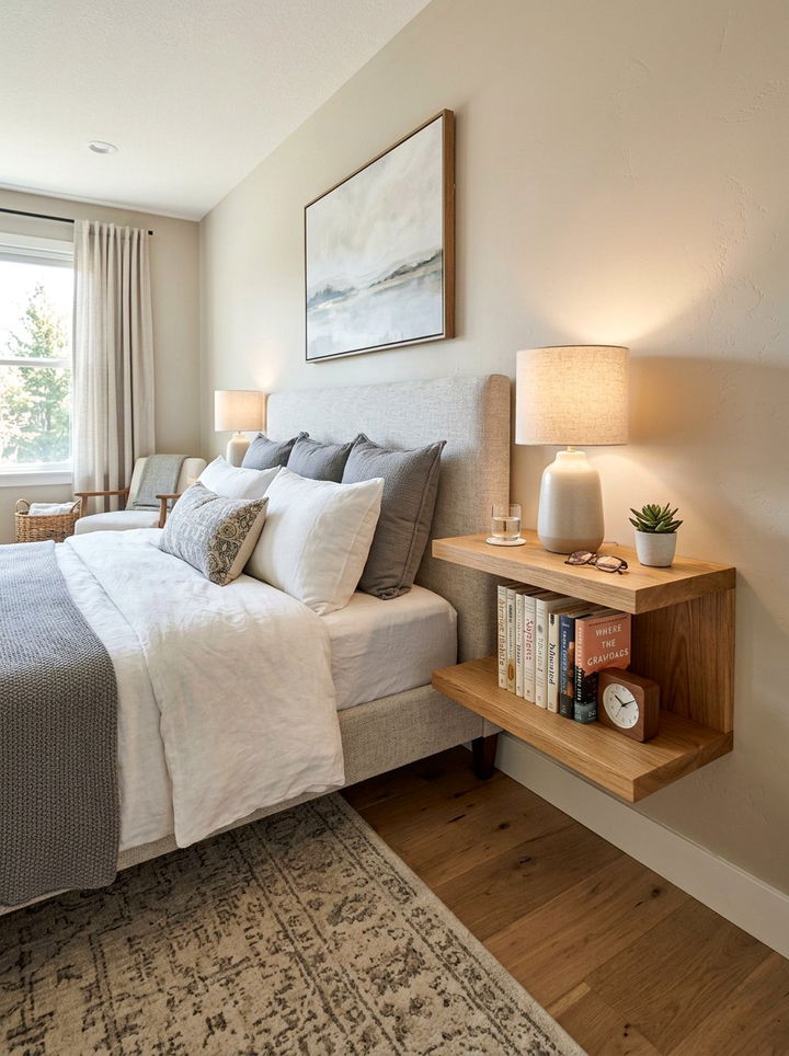 Double Tier Floating Wood Shelf - 30 bedroom wall mounted nightstands