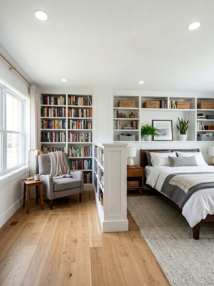 Double sided pony wall with dual storage - 30 bedroom pony wall ideas