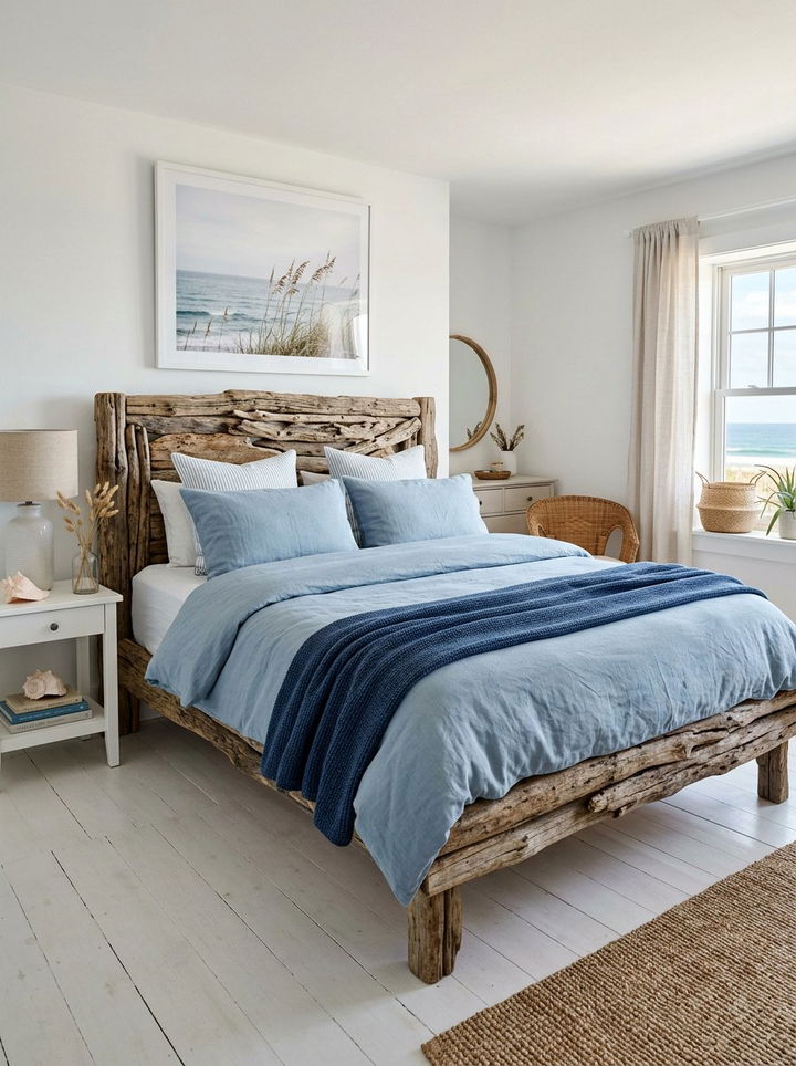 Driftwood Bed Blue Linens - 30 coastal blue bedroom ideas