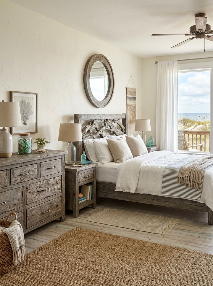 Driftwood furniture - 30 coastal white bedroom ideas