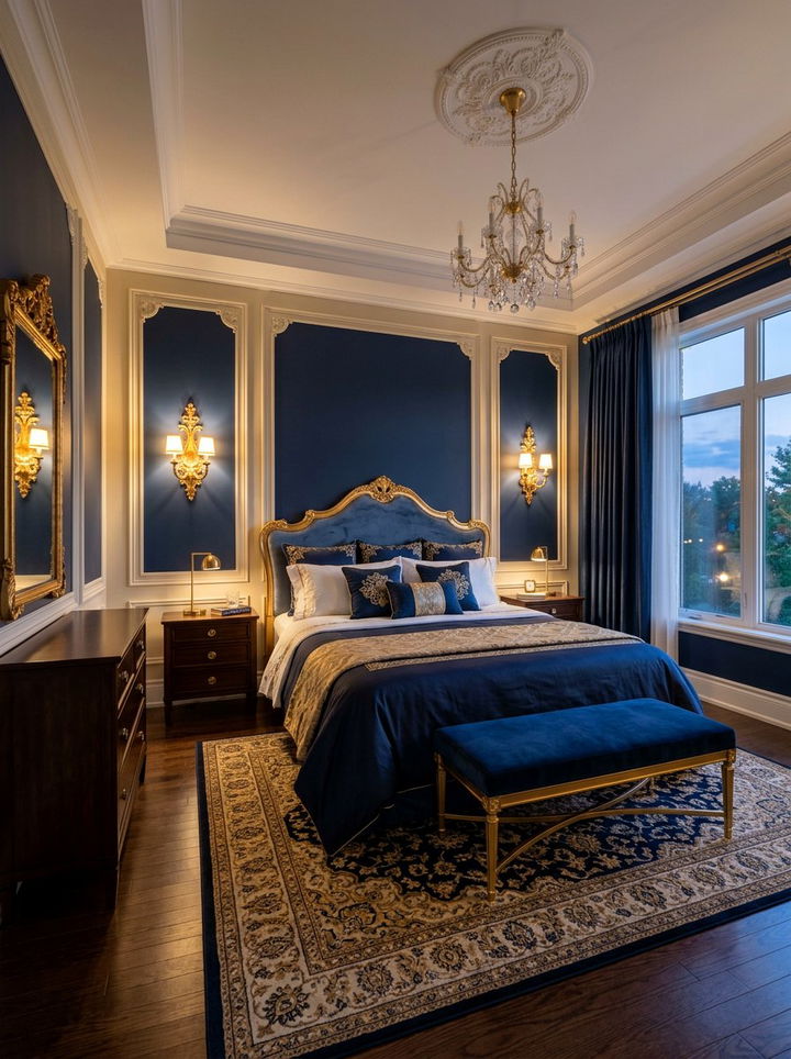 Dusk blue and gold bedroom - 30 sunset inspired bedroom color ideas