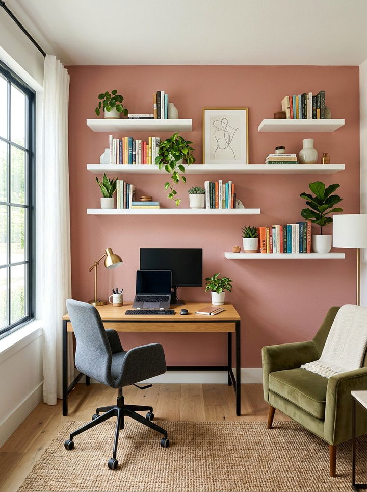 Dusty Rose Accent Wall With Floating Shelves - 30 dusty rose accent wall bedroom