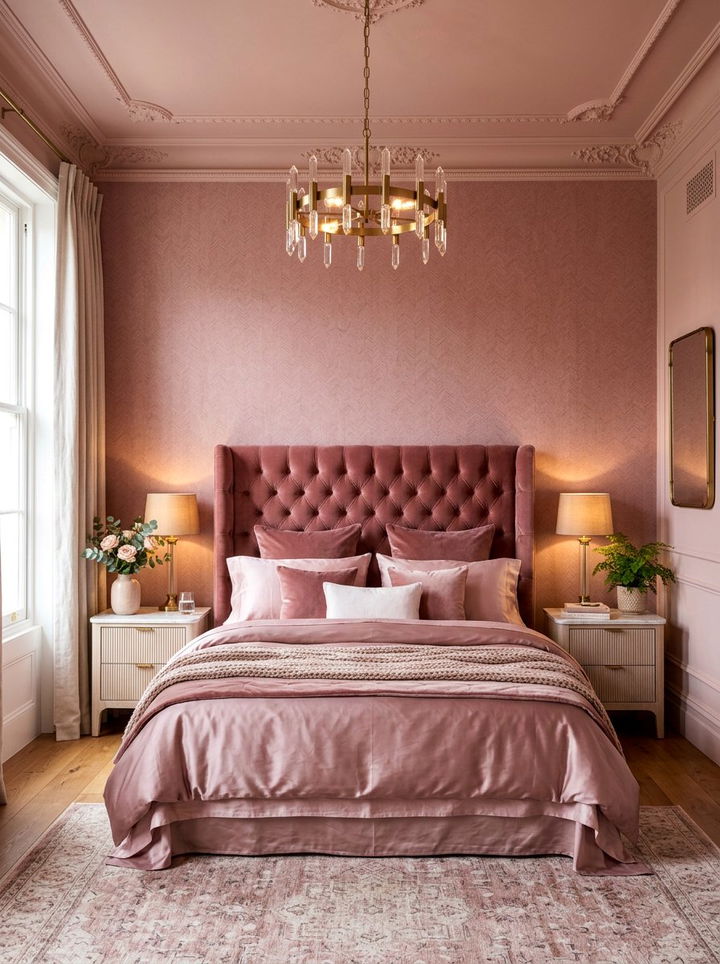 Dusty Rose Velvet Headboard Against Pink Wall - 30 dusty rose accent wall bedroom