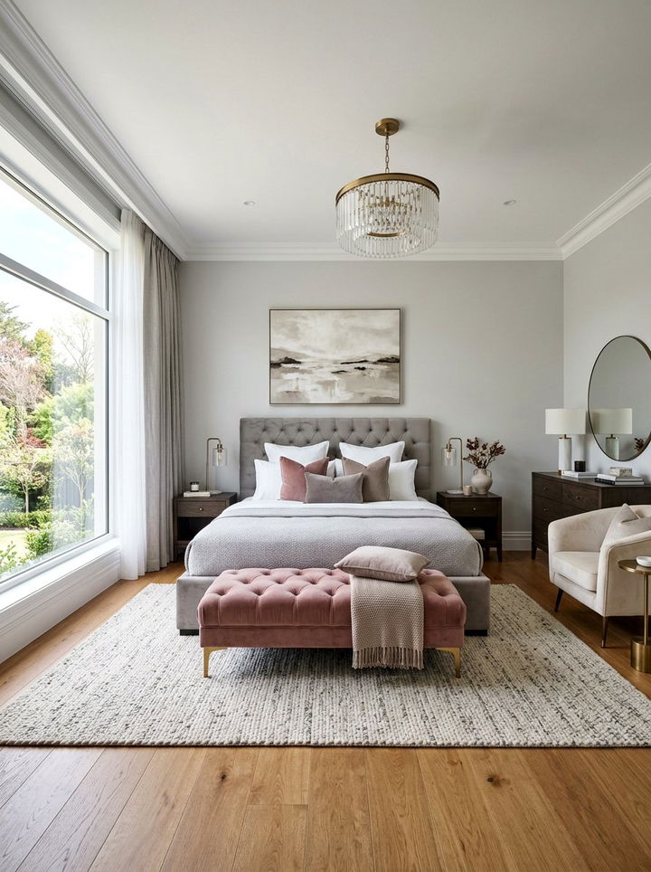 Dusty rose bench at foot of bed - 30 dusty rose and gray bedroom ideas