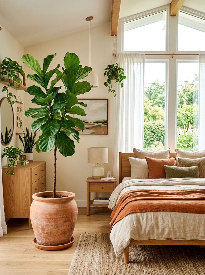 Earth tone bedroom greenery - 30 rust and beige bedroom ideas