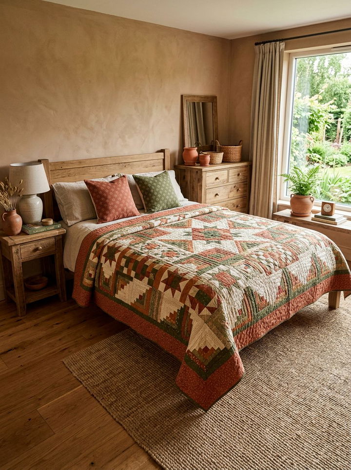 Earth tone patchwork quilt - 30 patchwork bedroom ideas