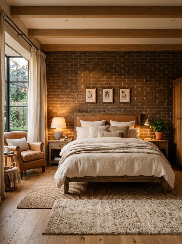 Earthy Brown Brick Wall - 30 bedroom brick wall ideas