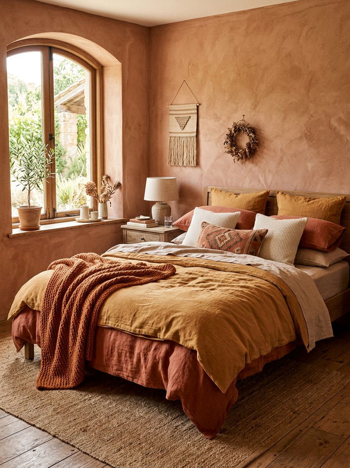 Earthy terracotta bedroom textiles - 30 bedroom terracotta walls