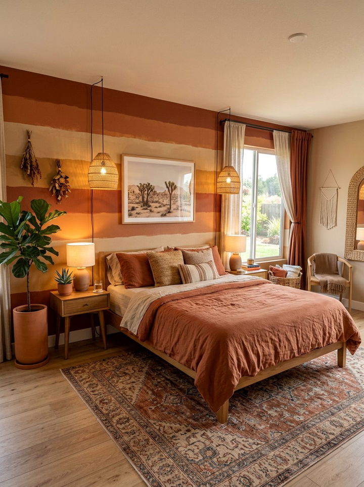 Earthy terracotta striped wall - 30 bedroom striped wall ideas