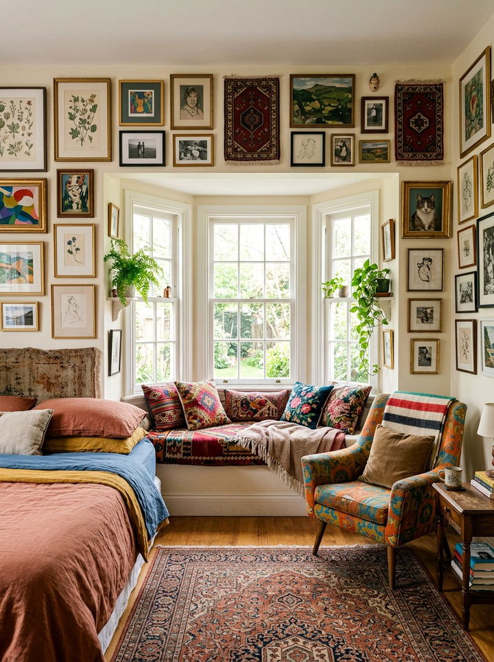 Eclectic Bedroom Bay Window Gallery Wall - 30 bedroom bay window ideas