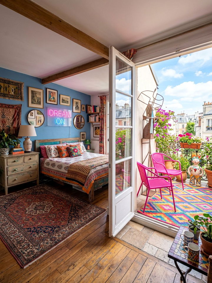 Eclectic Bedroom With Colorful Terrace Decor - 30 bedroom with terrace ideas