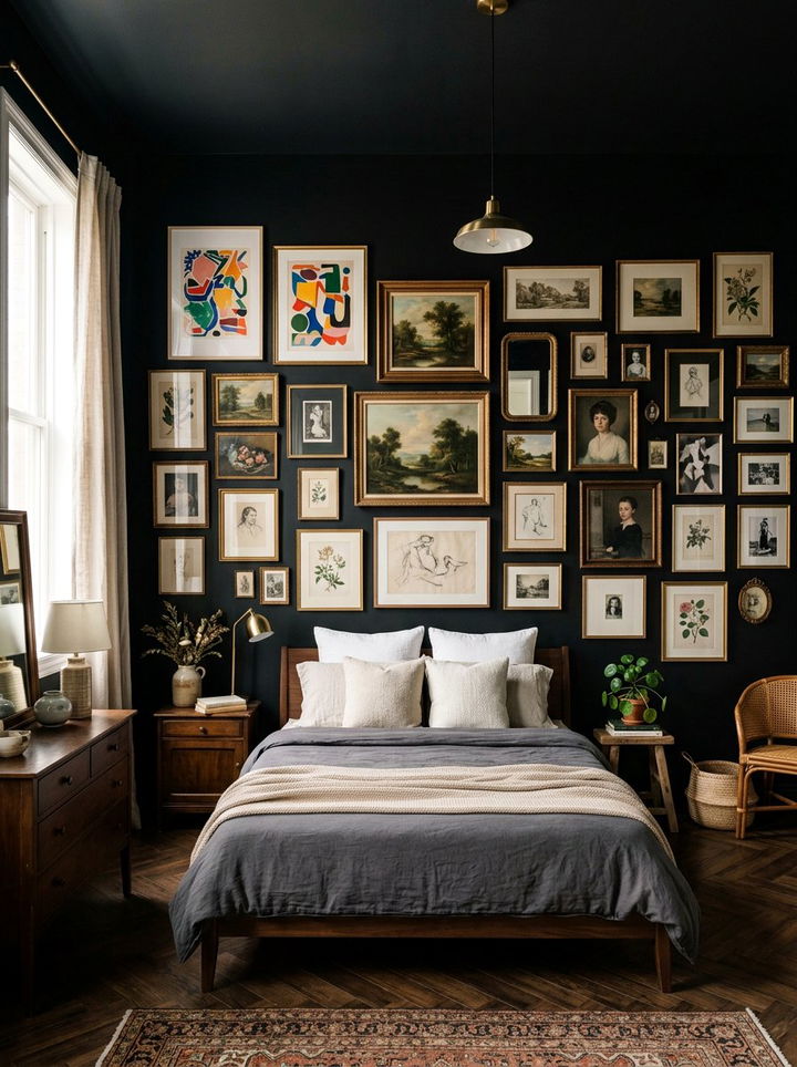 Eclectic Gallery Wall Black Bedroom - 30 bohemian black bedroom ideas
