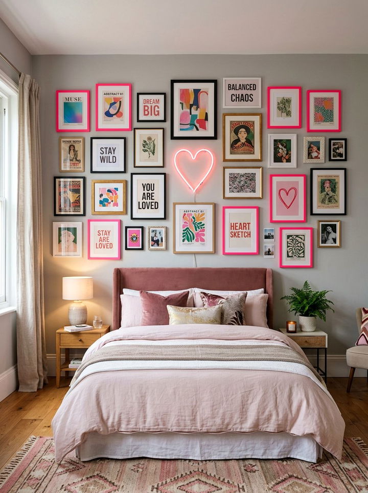 Eclectic Pink Gallery Wall - 30 neon pink bedroom ideas